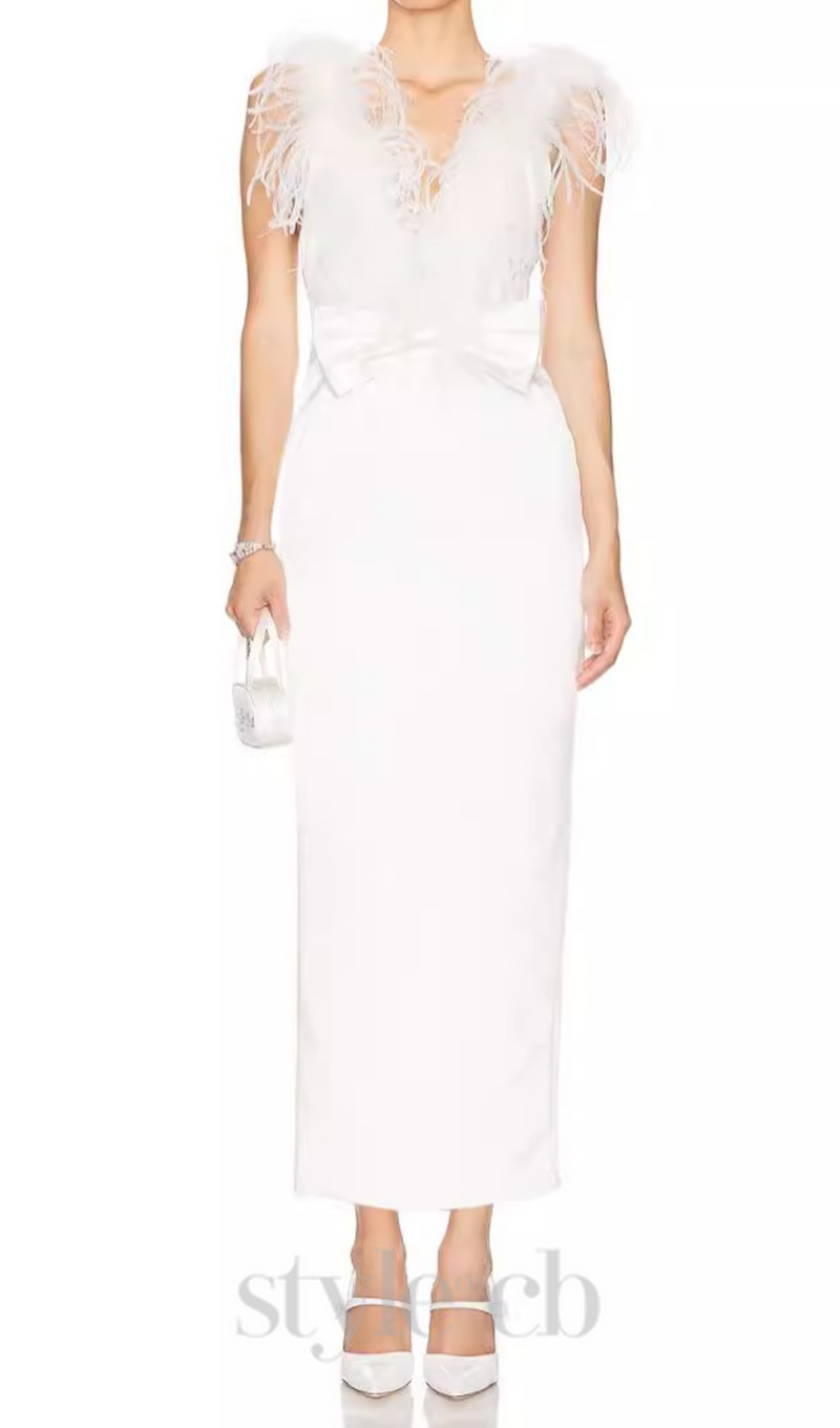 SIBYL FEATHER SLEEVELESS MIDI DRESS IN WHITE