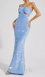 MARIAN BLUE CUTOUT SEQUINS HALTER MAXI DRESS