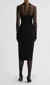 sheer knitted button-through midi dress in black