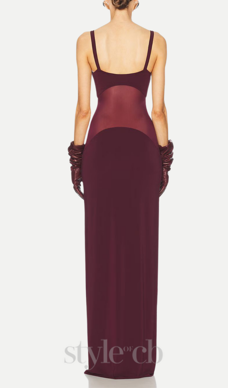 sheer knit curve maxi dress in merlot