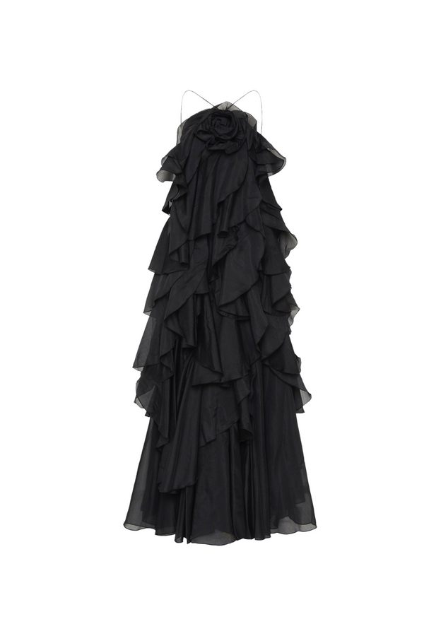 Caysie Halter Floral Ruffle Layered Maxi Dress in Black