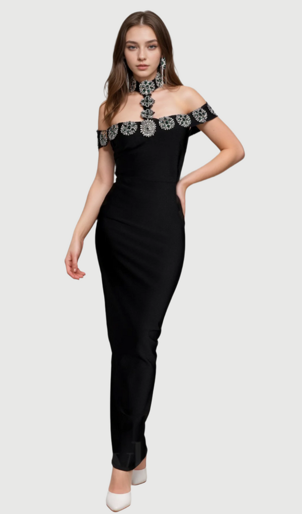 alberta Palanee Halter Diamond Bodycon Dress With Gloves