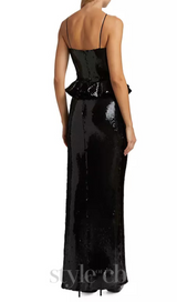 peplum waist sequin maxi dress in black