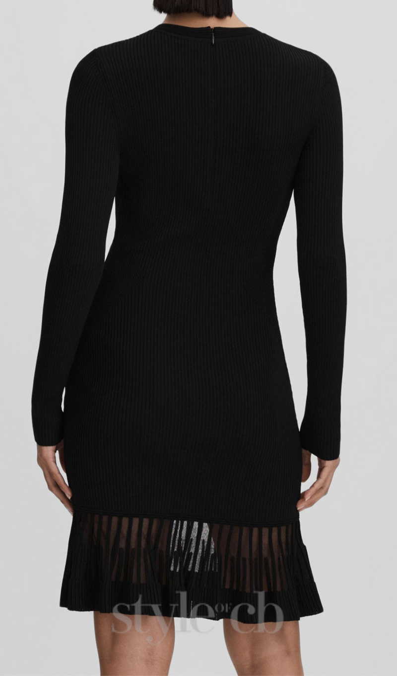 knitted sheer flared mini dress in black