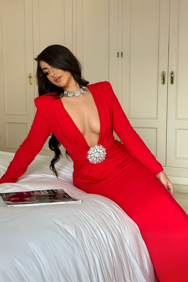 BERNICE LONG SLEEVE DRAPED EMBELLISHED MAXI DRESS IN RED