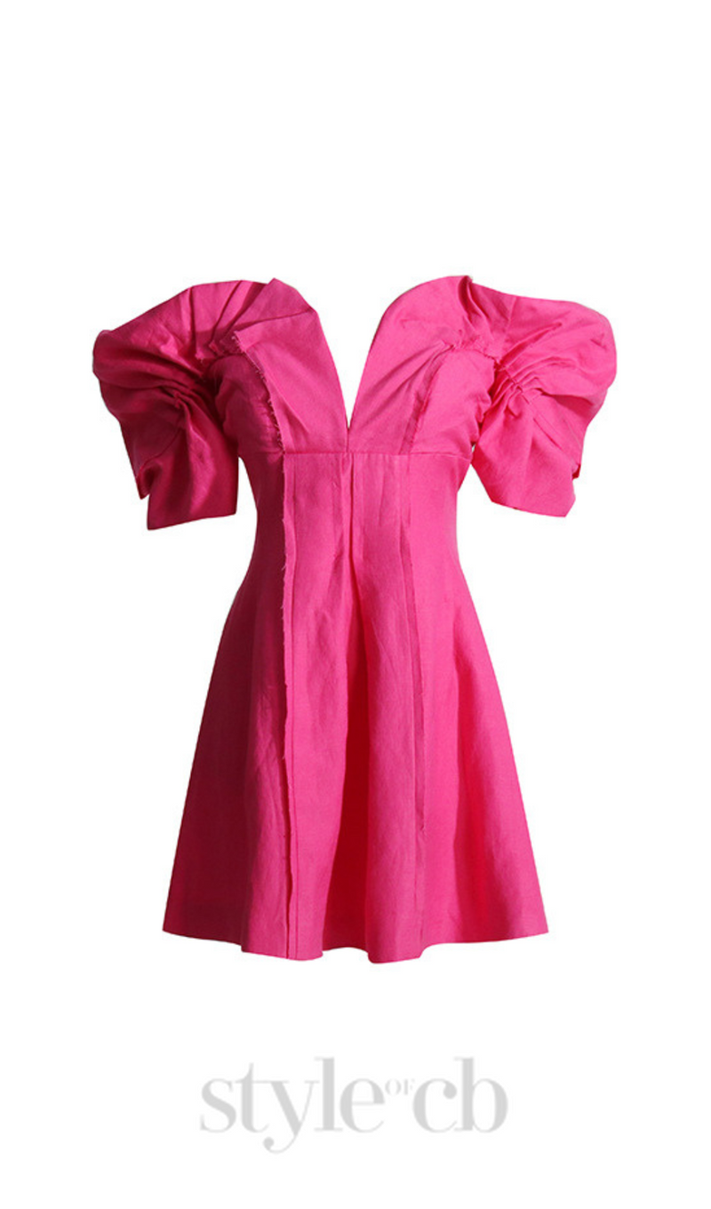 RUFFLED OFF-SHOULDER MINI SILK DRESS IN PINK