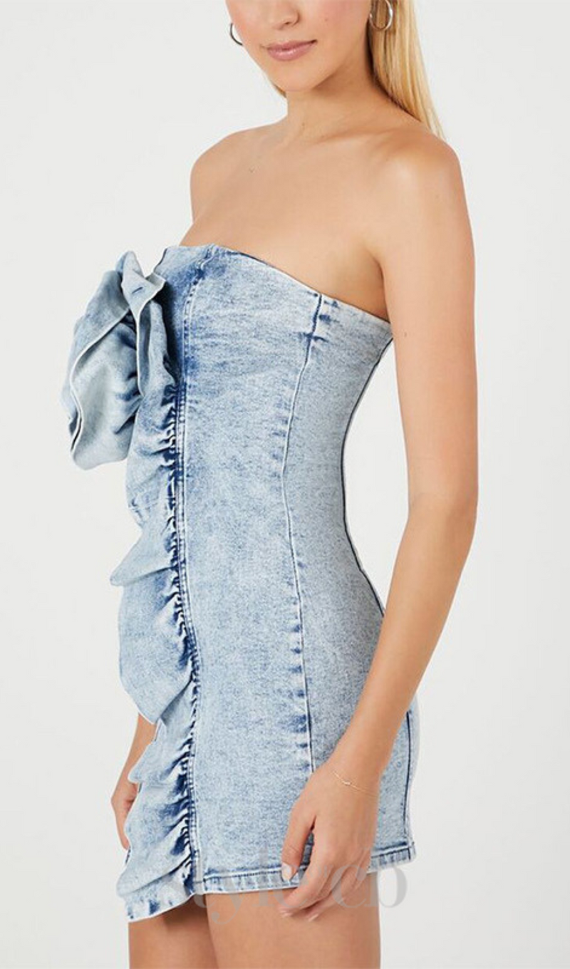 ALISON BLUE RUFFLED TRIM STRAPLESS DENIM MINI DRESS