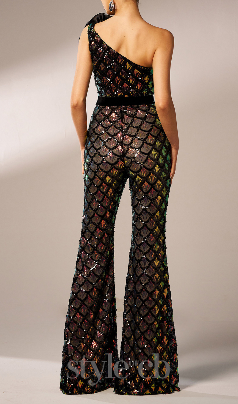 Mermaid Scale Floral One-Shoulder Sequin Jumpsuit