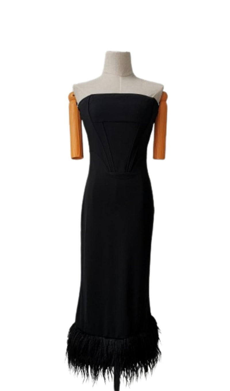 STRAPLESS FEATHER CORSET DRESS IN BLACK Dresses styleofcb 