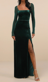 certifiably emerald velvet mesh long sleeve maxi dress