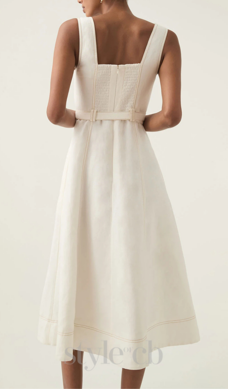 sweetheart neckline belted midi dress in ivory