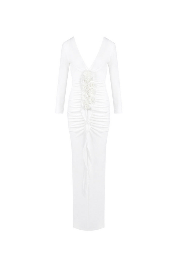 elsa V Neck Flower Ruched maxi Dress in white