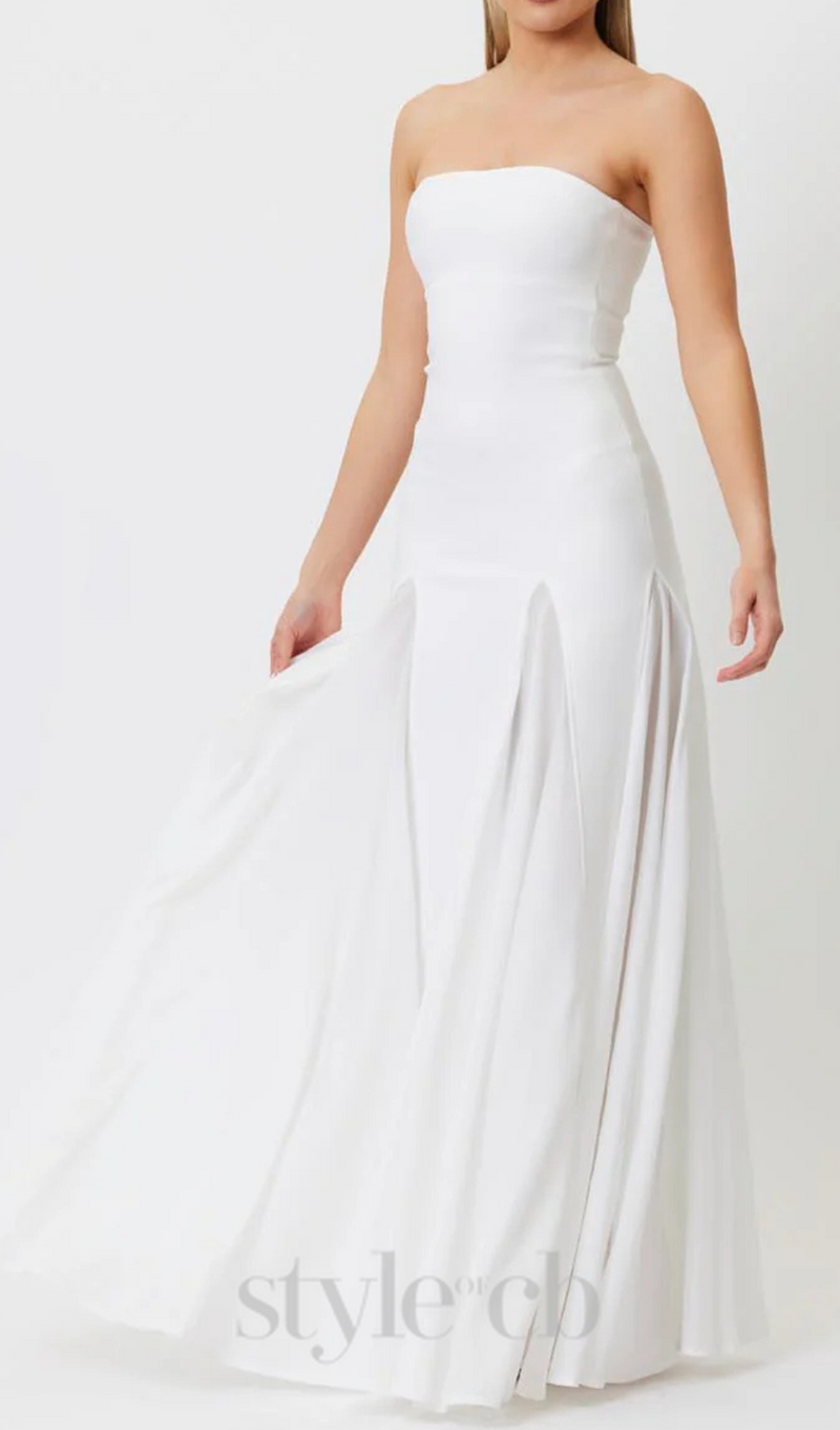 pleated trim strapless maxi dress in white