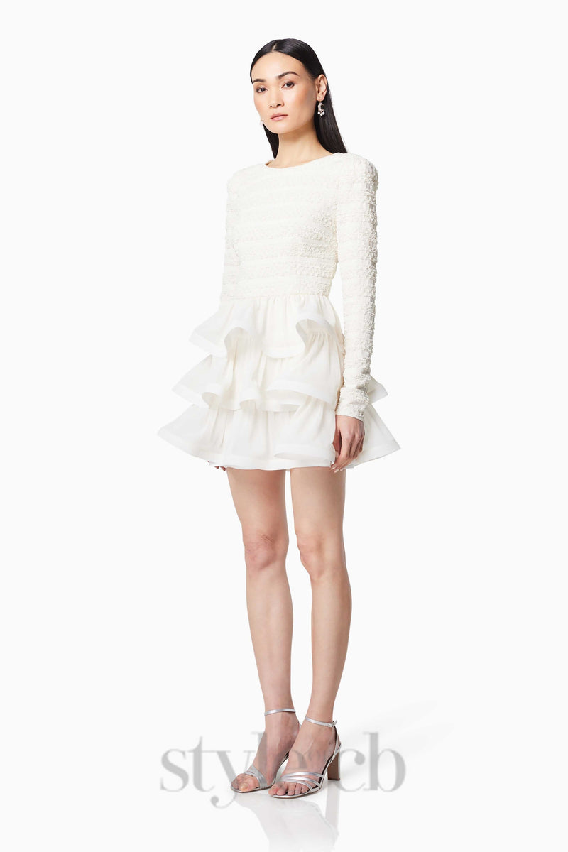 Ruffle trim Long Sleeved Mini Dress in white