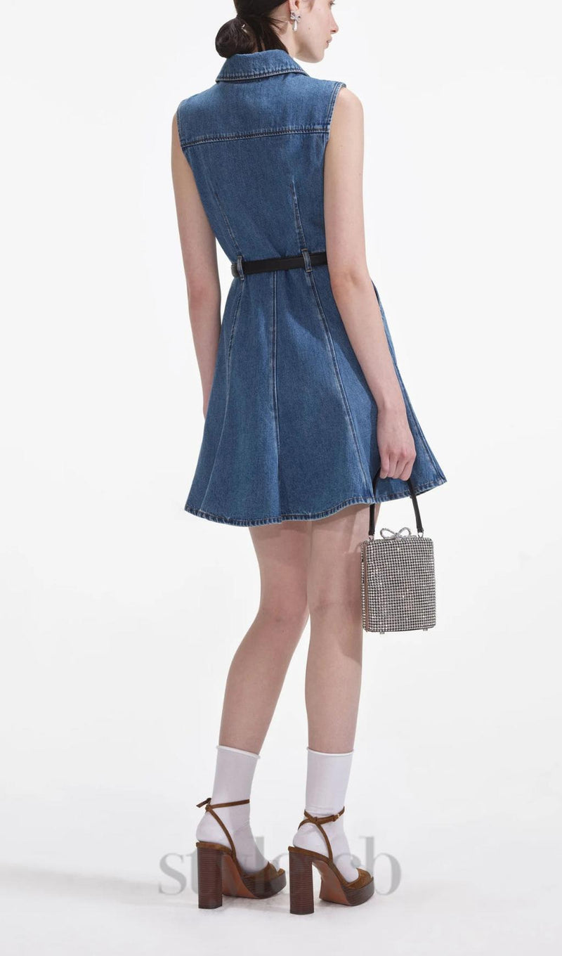 Denim Sleeveless Pearl Mini Dress