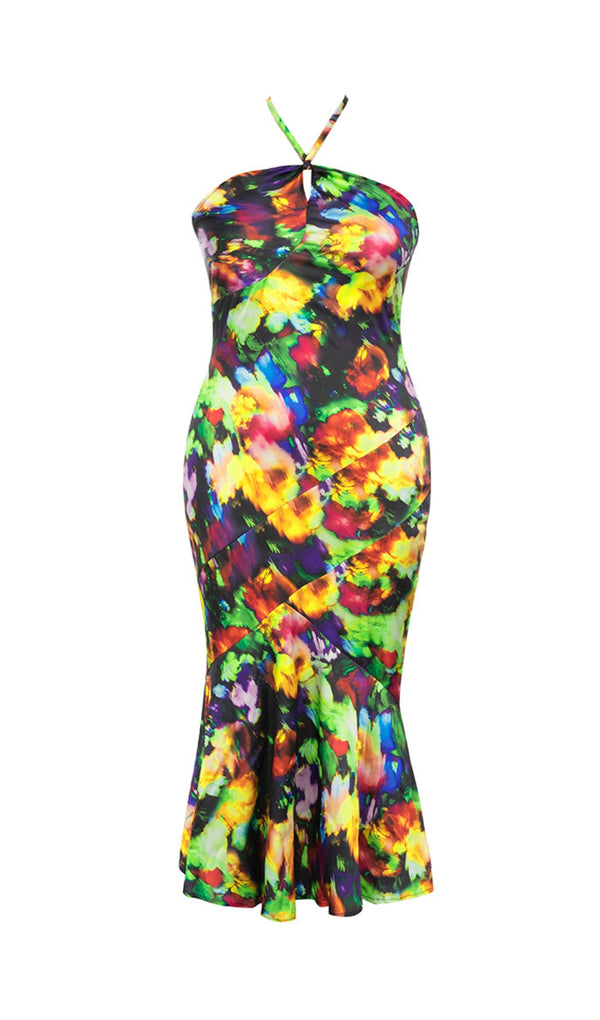 LARGE SIZE PRINT-FLORAL HALTERNECK SLIM BACKLESS MAXI DRESS