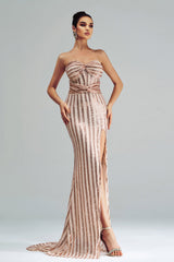 Apricot Mermaid Strapless Sequined Split maxi Dress