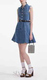 Denim Sleeveless Pearl Mini Dress