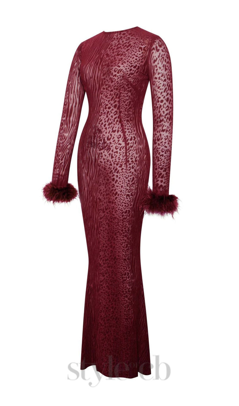 burgundy mesh feather maxi dress