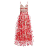 BELINDA RED FLORAL VERTICAL RUFFLE TRIM MAXI DRESS