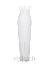 WHITE SATIN SEQUIN PEARLS BEADED MAXI DRESS