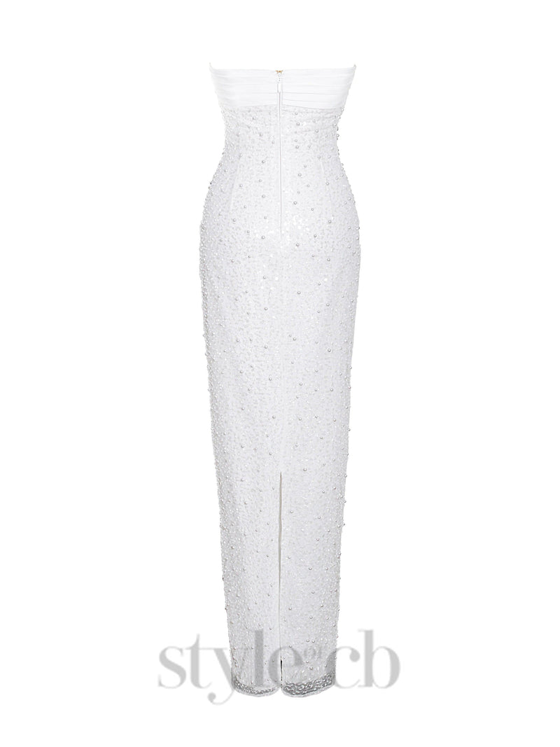 WHITE SATIN SEQUIN PEARLS BEADED MAXI DRESS