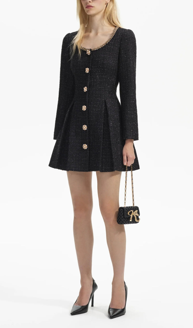 BLACK BOUCLE TAILORED MINI DRESS