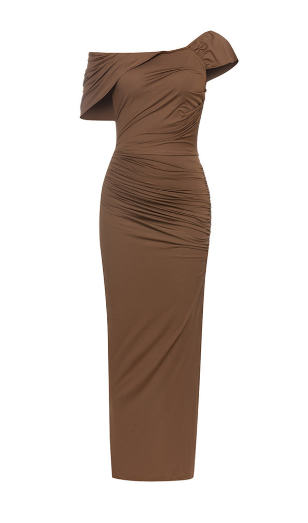 BROWN ONE-SHOULDER HIP-HUGGING DRESS