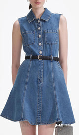 Denim Sleeveless Pearl Mini Dress