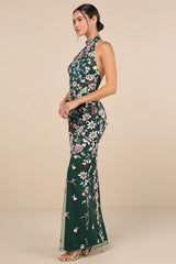 3D Floral Embroidered Halter Maxi Dress in Emerald