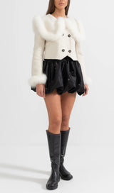 DOUBLE BREASTED CROPPED JACKET WITH FUR COLLAR EMBELLISHMENT - WHITE