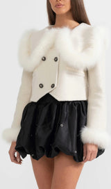 DOUBLE BREASTED CROPPED JACKET WITH FUR COLLAR EMBELLISHMENT - WHITE