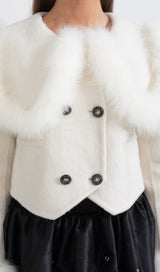 DOUBLE BREASTED CROPPED JACKET WITH FUR COLLAR EMBELLISHMENT - WHITE