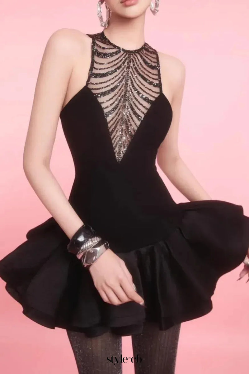 jessica sequin tulle ruched hem mini dress in black