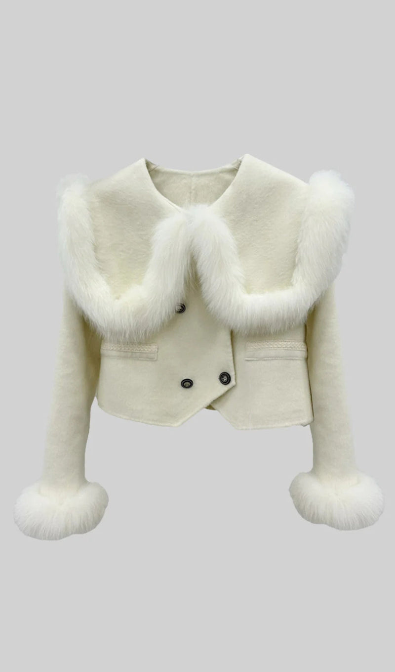 DOUBLE BREASTED CROPPED JACKET WITH FUR COLLAR EMBELLISHMENT - WHITE