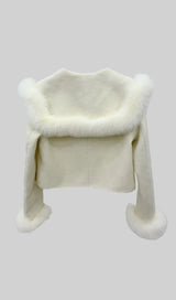 DOUBLE BREASTED CROPPED JACKET WITH FUR COLLAR EMBELLISHMENT - WHITE