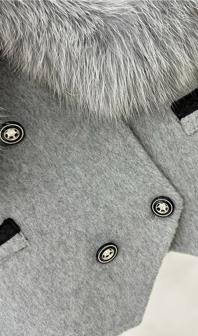 DOUBLE BREASTED CROPPED JACKET WITH FUR COLLAR EMBELLISHMENT - GRAY