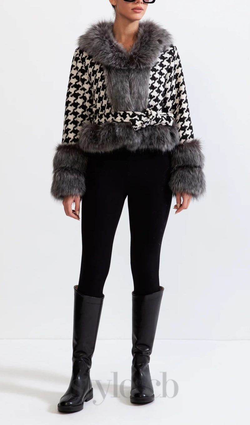 HOUNDSTOOTH WOOL BELTED COAT WITH FUR