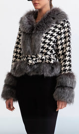 HOUNDSTOOTH WOOL BELTED COAT WITH FUR