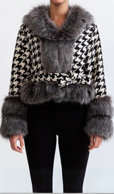 HOUNDSTOOTH WOOL BELTED COAT WITH FUR