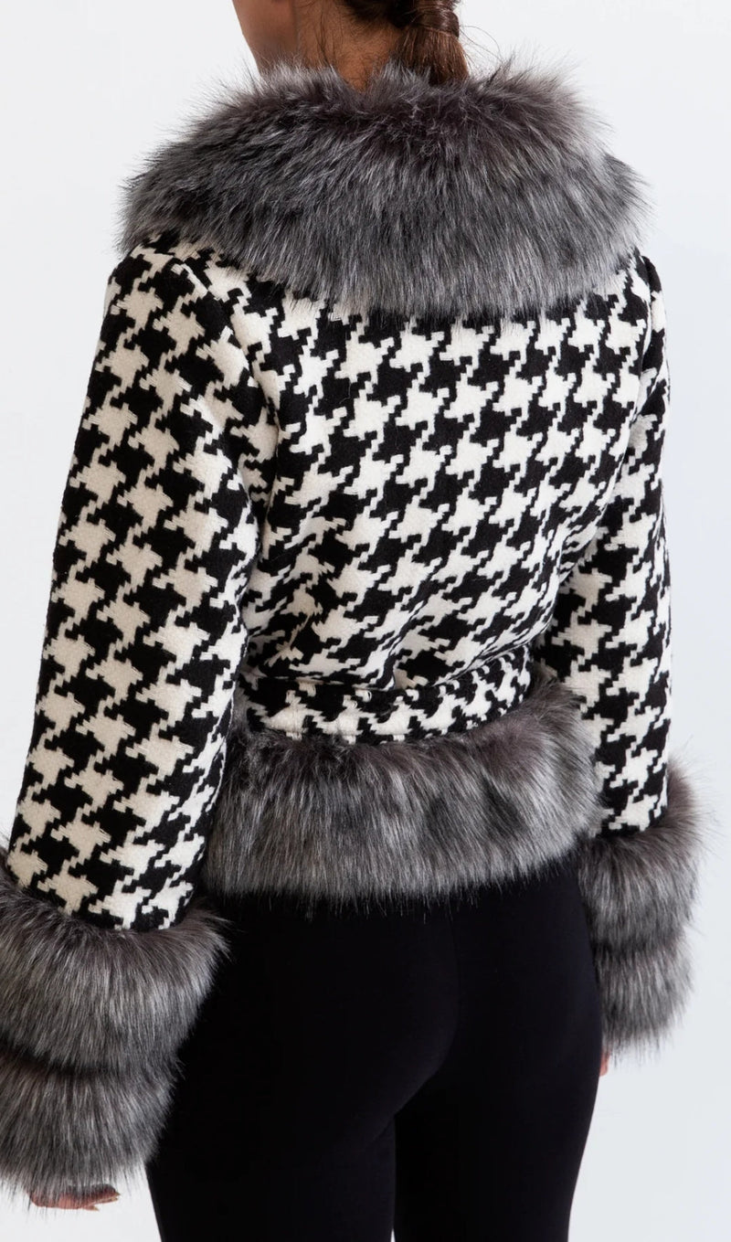 HOUNDSTOOTH WOOL BELTED COAT WITH FUR