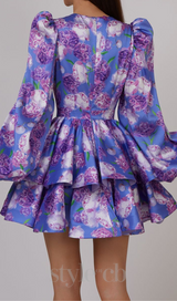 ARABELA BLUE FLORAL SATIN RUFFLE MINI DRESS