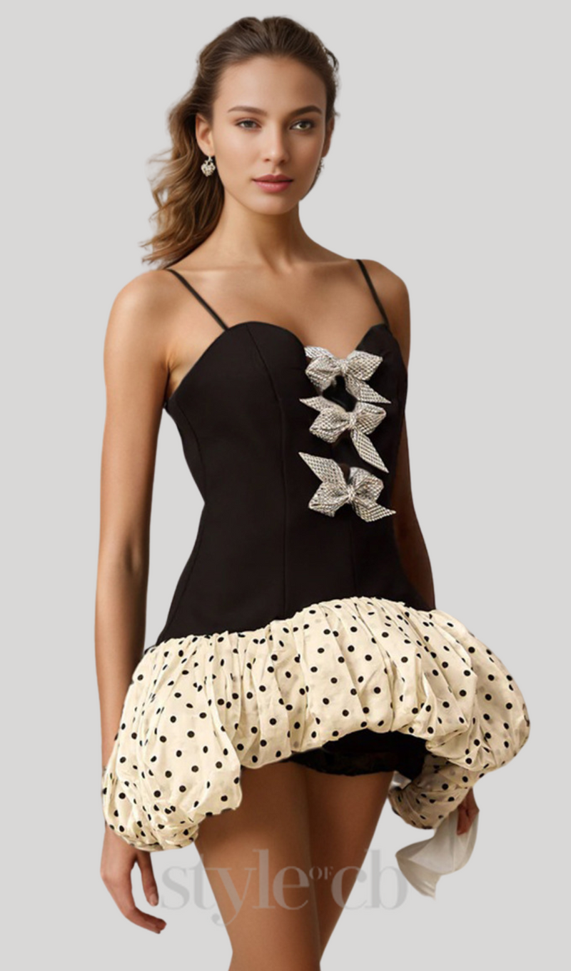 bow polka dot patchwork mini dress in black