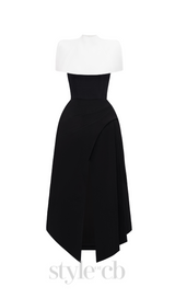 AUDREY SLIT CAPE MIDI DRESS IN BLACK