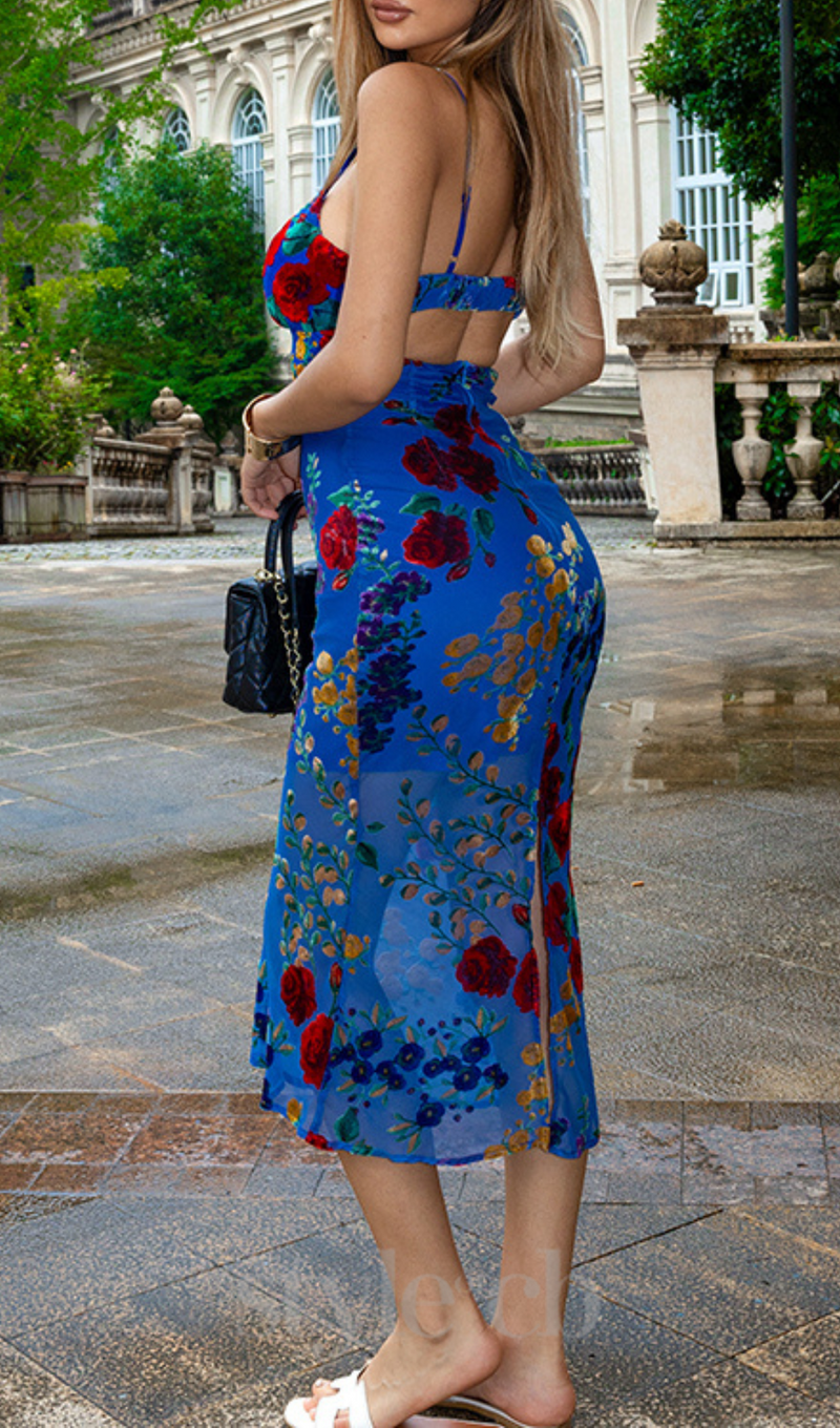 MARGARET FLORAL VELVET STRETCH-WOVEN MIDI DRESS IN KLEIN BLUE