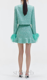 STEPHANIE BOUCLE FEATHER JACKET SUIT IN GREEN