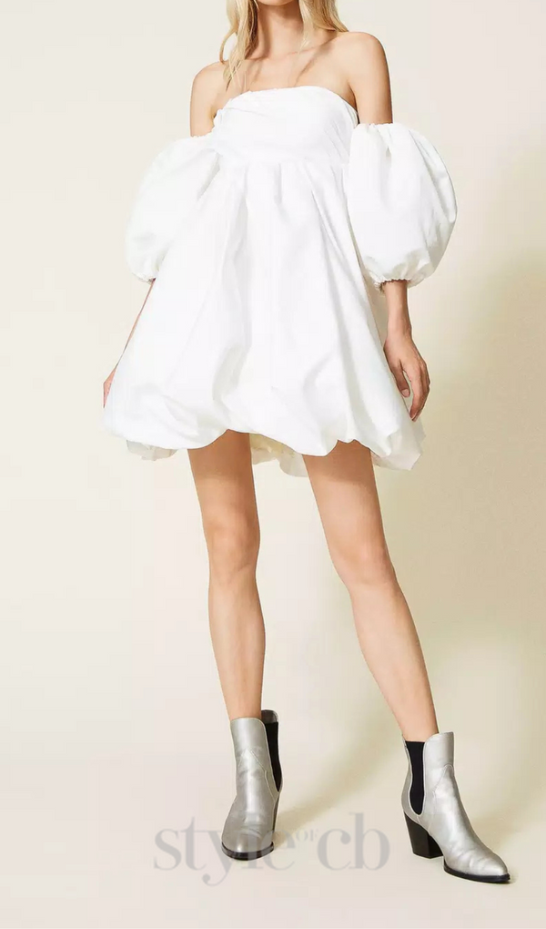 puff sleeve duchesse  mini dress in white