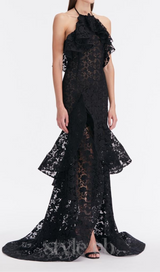 LYNN GARDENIA GUIPURE LACE RUFFLE GOWN IN BLACK