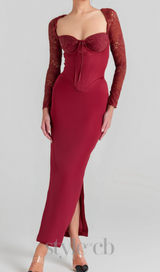 burgundy satin maxi dress with corset