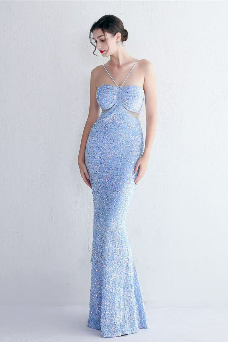 MARIAN BLUE CUTOUT SEQUINS HALTER MAXI DRESS